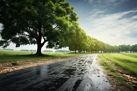 乡村公路边的树木背景图片