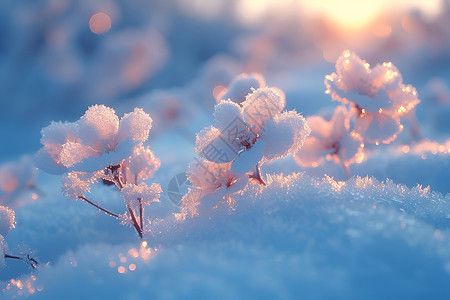 细枝花朵上的冰雪背景
