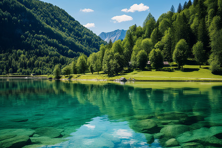 湖泊草地山脉环绕湖泊背景