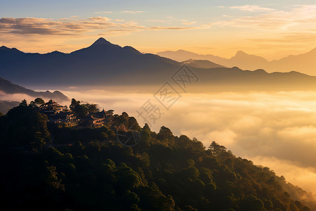 日出中的山顶小屋背景