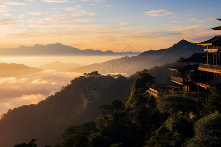 夕阳山顶山顶建筑日落云彩背景