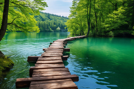 湖畔的木桥自然小径高清图片