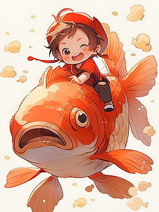 背小孩红鲤鱼上的可爱孩子插画