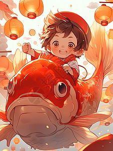 骑着红鲤鱼的儿童背景图片