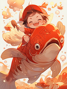 鱼背上的男幼童背景图片