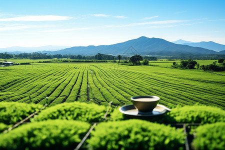 绿茶种植绿茶与山景背景