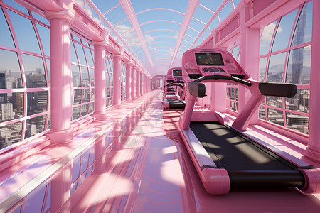 粉色健身素材健身房内的跑步机插画