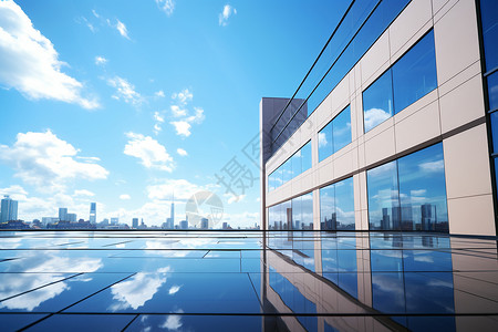 建筑办公室玻璃幕墙映射城市景观背景