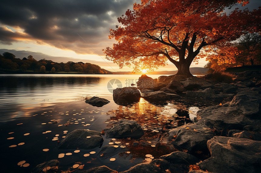 夕阳下的湖岸树木图片