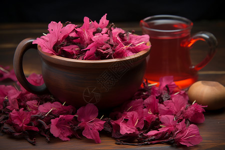 一杯花茶和花朵背景图片