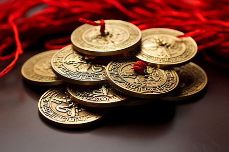 铜钱镂空绳子挂着铜钱背景