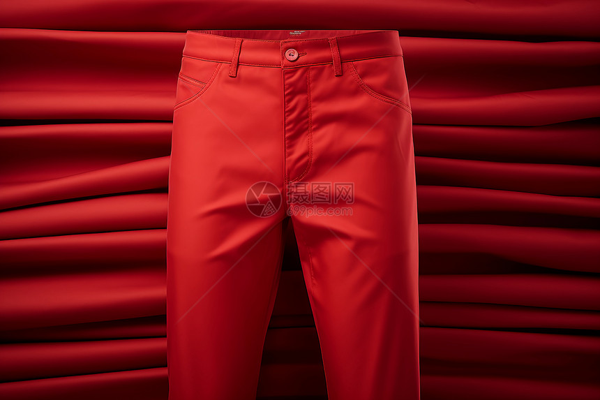 布料前的红裤子图片