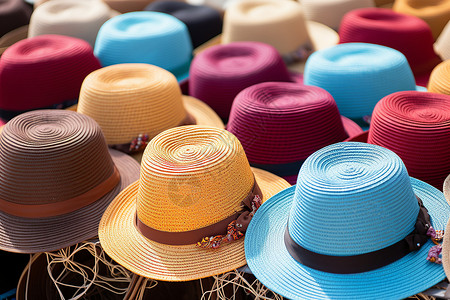 编织帽子整齐排列的草帽背景