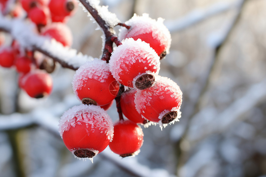 枝头挂雪的浆果图片