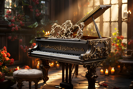 钢琴花素材花房里的钢琴背景