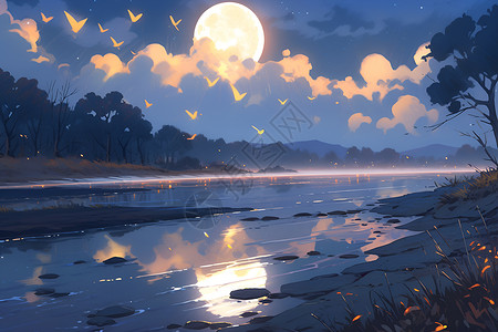 月光倒映湖畔神奇背景图片