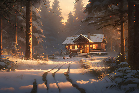 雪景小木屋背景图片