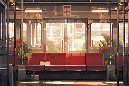 地铁扶手车厢里的红色座椅插画