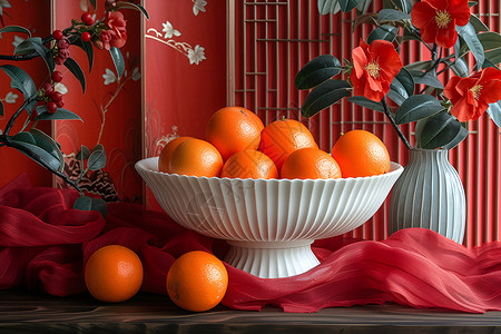 白橙色白碗里摆放着橘子背景