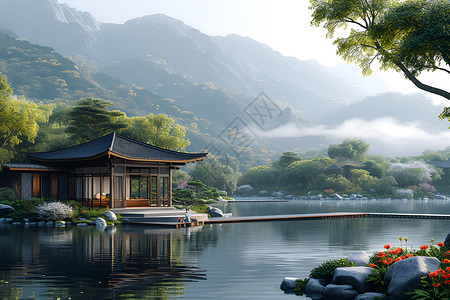 湖畔宁静亭台背景图片