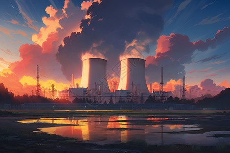 日落云彩工业与自然的融合插画