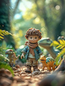 恐龙群里的男孩背景图片