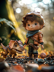 恐龙旁边的小男孩背景图片