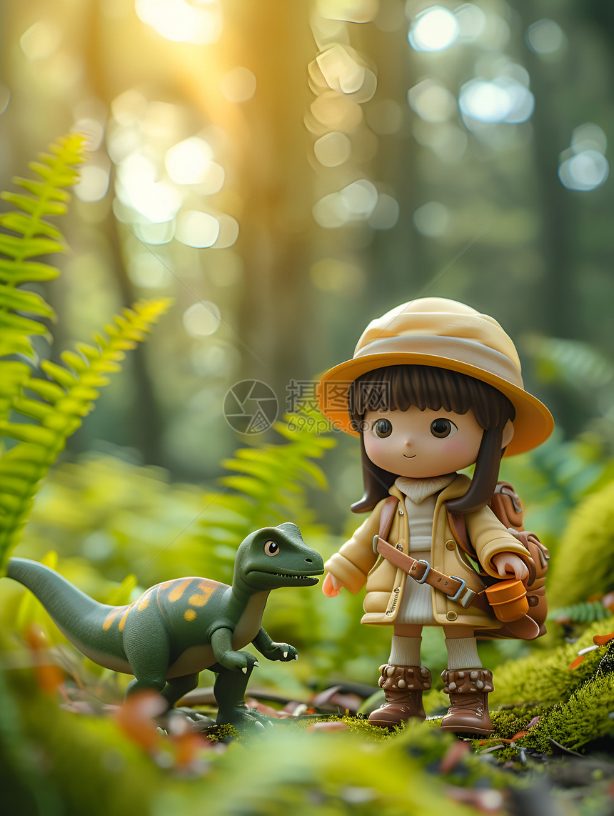 森林里的女孩与恐龙图片