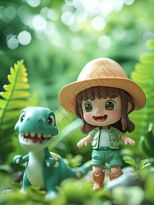小女孩与恐龙在玩耍背景图片