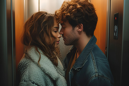 电梯中相互凝视的情侣背景
