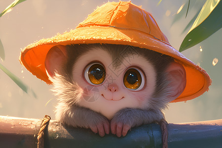 推车橙色帽子猴子戴着帽子趴着插画