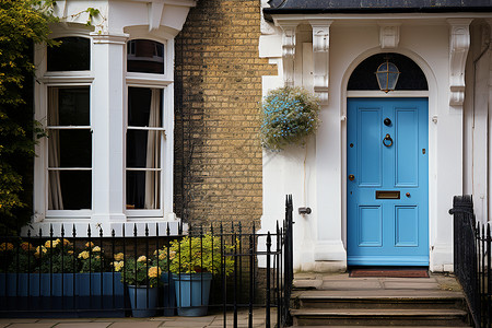 家庭房子砖砌建筑前蓝色的大门背景