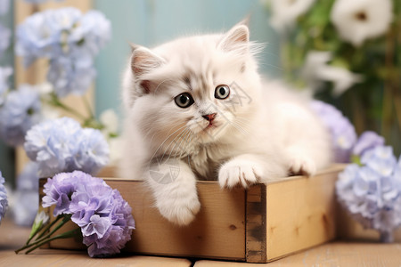 可爱猫咪和紫色花朵背景图片