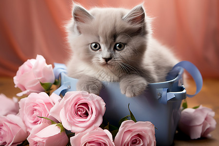 可爱的猫咪和玫瑰背景图片