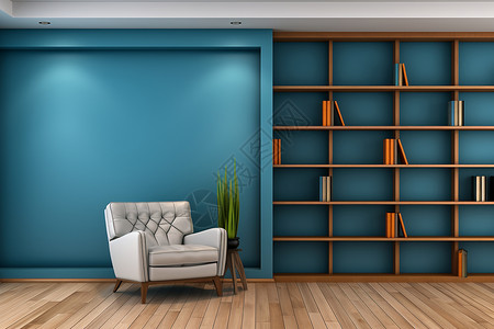 蓝色简约客厅空荡荡的蓝色书房背景