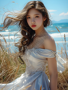 夏日海边的少女背景图片