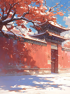 红墙白雪的复古场景背景图片