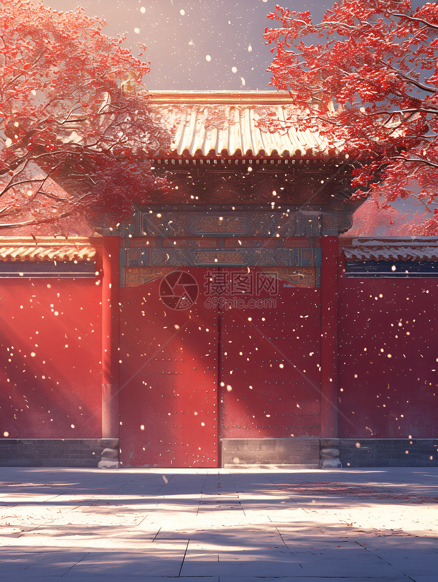 被雪覆盖的红墙图片