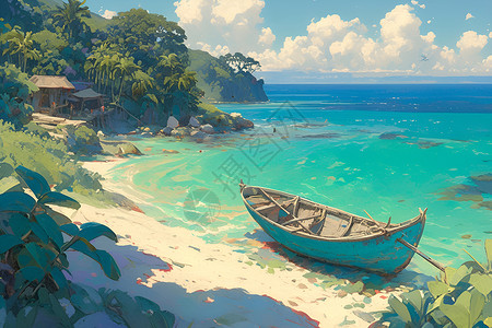 翠绿沙滩上的船背景图片