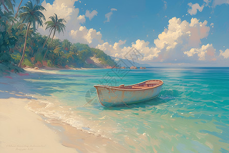 热带岛屿热带沙滩边的小船插画