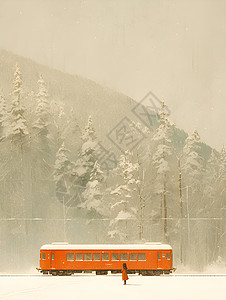 红色火车穿越白雪覆盖的森林背景图片