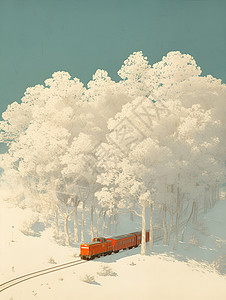 冰雪森林中的红色列车背景图片