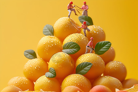 带叶子的橙子微距镜头下的水果和小人设计图片