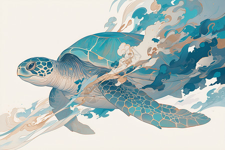 鹰嘴海龟海洋中的游动海龟插画
