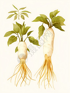 鲜活钉螺几个带有绿叶和根系发达的植物插画