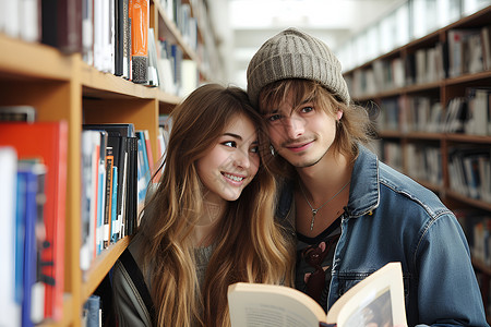 爱情图书素材图书馆里的情侣背景