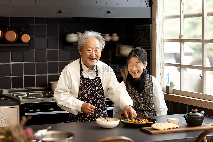 老年夫妻在厨房里烹饪图片