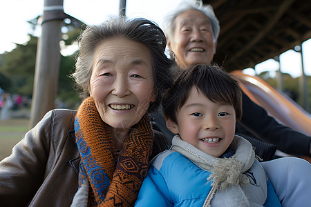 老年夫妻带着孙子在公园里玩耍背景图片