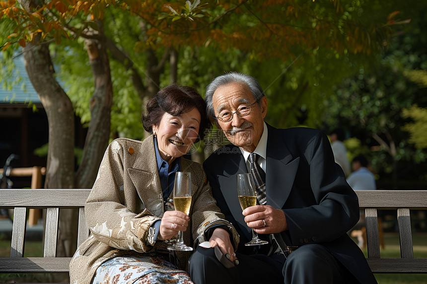 老年夫妇手持酒杯图片