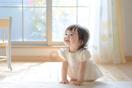 小女孩兔宝宝木地板上爬行的小女孩背景